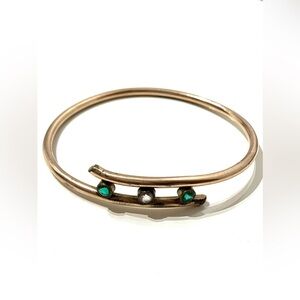 Antique Gold Filled Green Clear Stones Bypass Bangle Bracelet